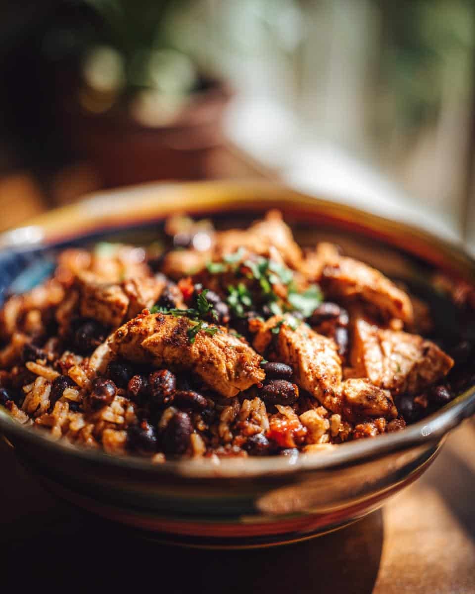 Mexican Chicken, Black Beans, Rice: Delicious in 40 Min 7 A vibrant bowl of Mexican chicken, black beans and rice, garnished with fresh cilantro.