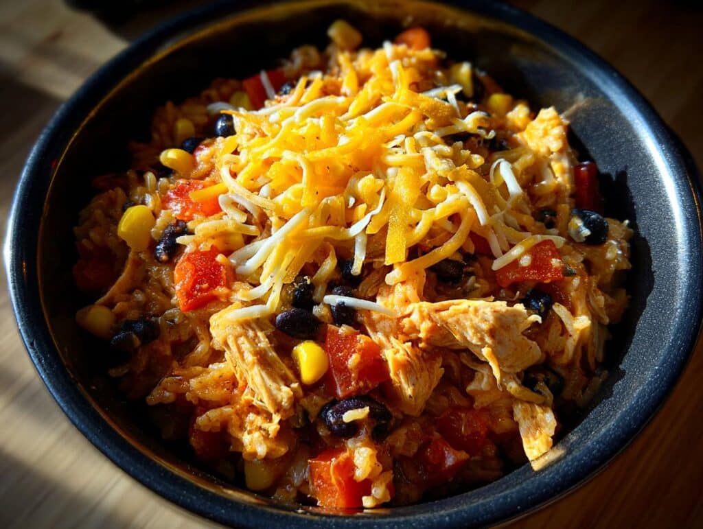 Bowl of Mexican rice and chicken in crockpot, topped with shredded cheese, corn, and black beans.