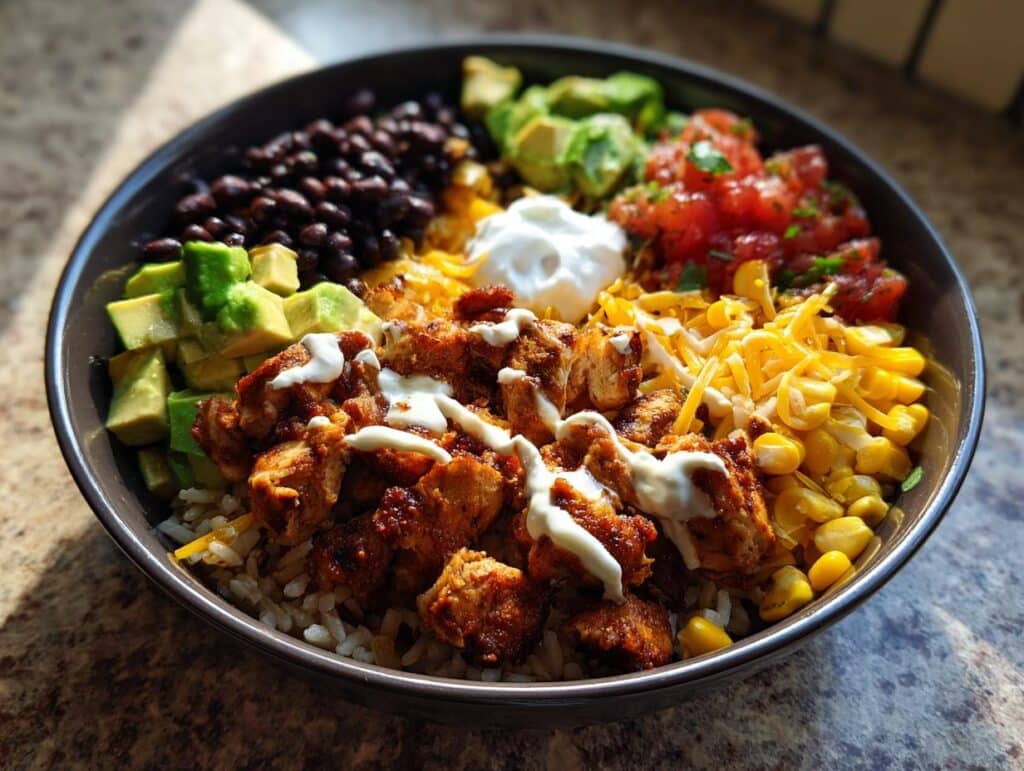 A vibrant Mexican rice bowl with chicken, black beans, avocado, corn, salsa, cheese, and sour cream.