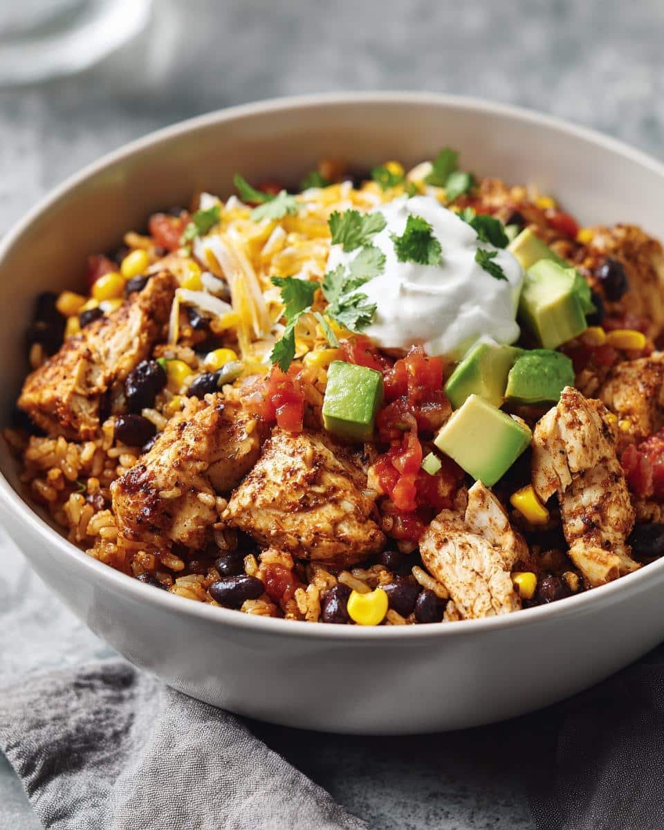 Mexican Rice Bowls with Chicken: Ditch Sad Dinners 6 A flavorful Mexican rice bowl with chicken, black beans, corn, avocado, tomatoes, cheese, and sour cream.