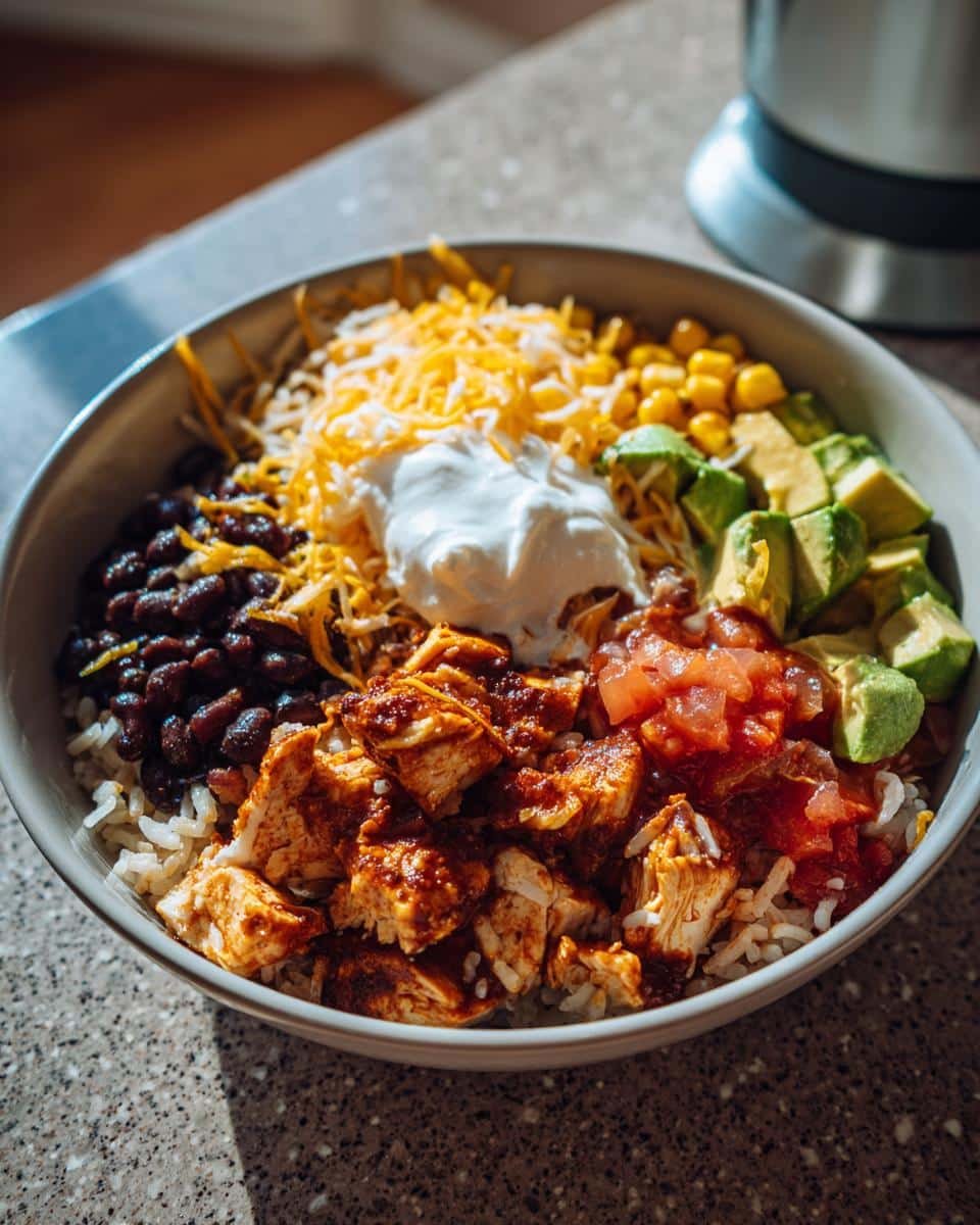 Mexican Rice Bowls with Chicken: Ditch Sad Dinners 7 A colorful Mexican rice bowl with chicken, rice, black beans, corn, avocado, cheese, salsa, and sour cream.