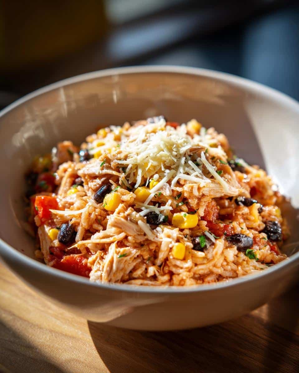 Mexican Rice and Chicken in Crockpot: 6-Hour Flavor Bomb 6 A bowl of Mexican rice and chicken in crockpot, topped with cheese, corn, and black beans.