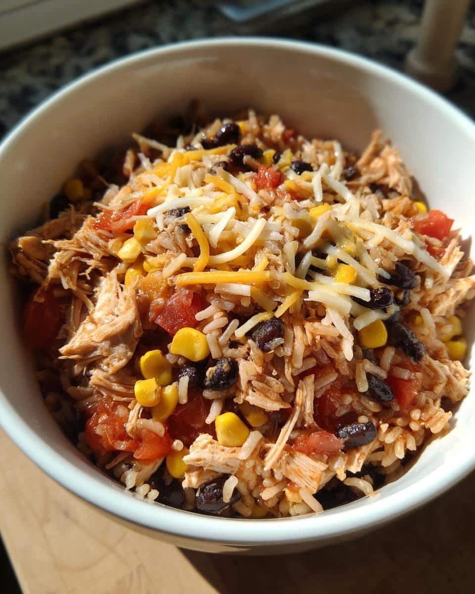 Mexican Rice and Chicken in Crockpot: 6-Hour Flavor Bomb 8 Bowl of Mexican rice and chicken in crockpot, topped with cheese, corn, tomatoes, and black beans.