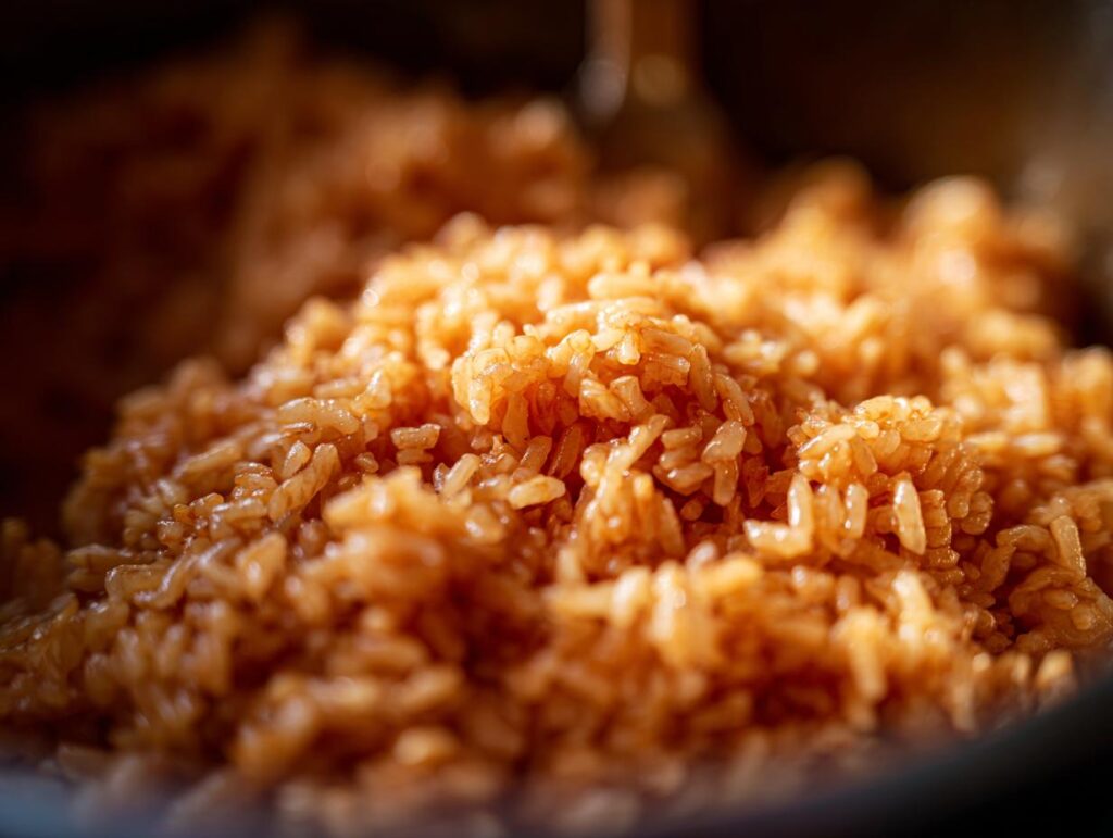Close-up of fluffy, perfectly cooked Mexican rice in a rice cooker. Glistening and ready to serve.
