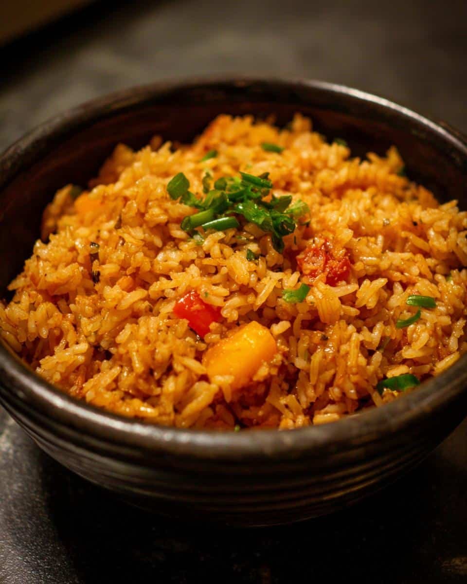 Mexican Rice in a Rice Cooker Recipe: Foolproof! 9 Close-up of flavorful Mexican rice in a rice cooker recipe, served in a dark bowl and garnished with fresh herbs.
