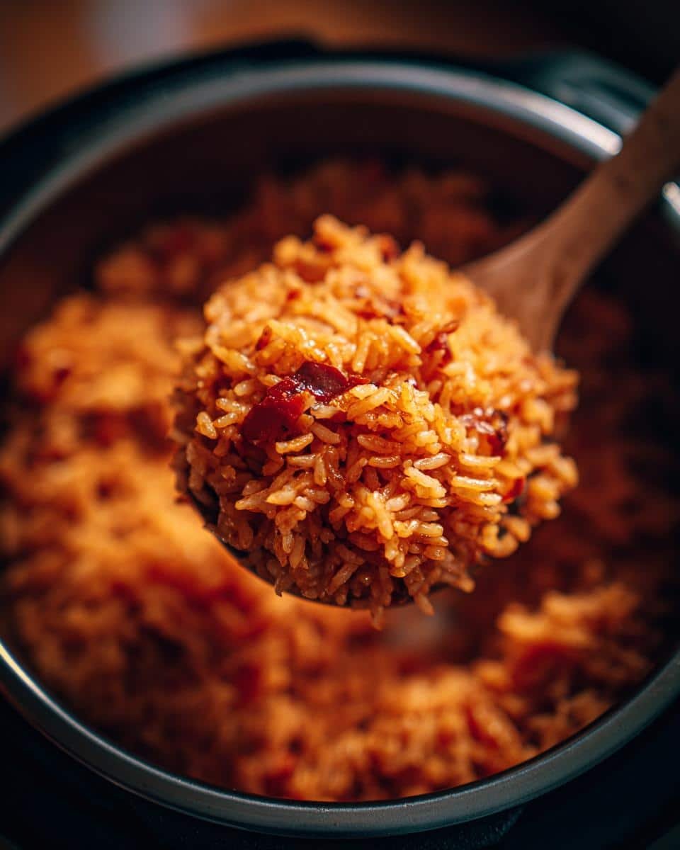 Mexican Rice in a Rice Cooker Recipe: Foolproof! 8 Close-up of flavorful Mexican rice in a rice cooker being scooped with a wooden spoon.