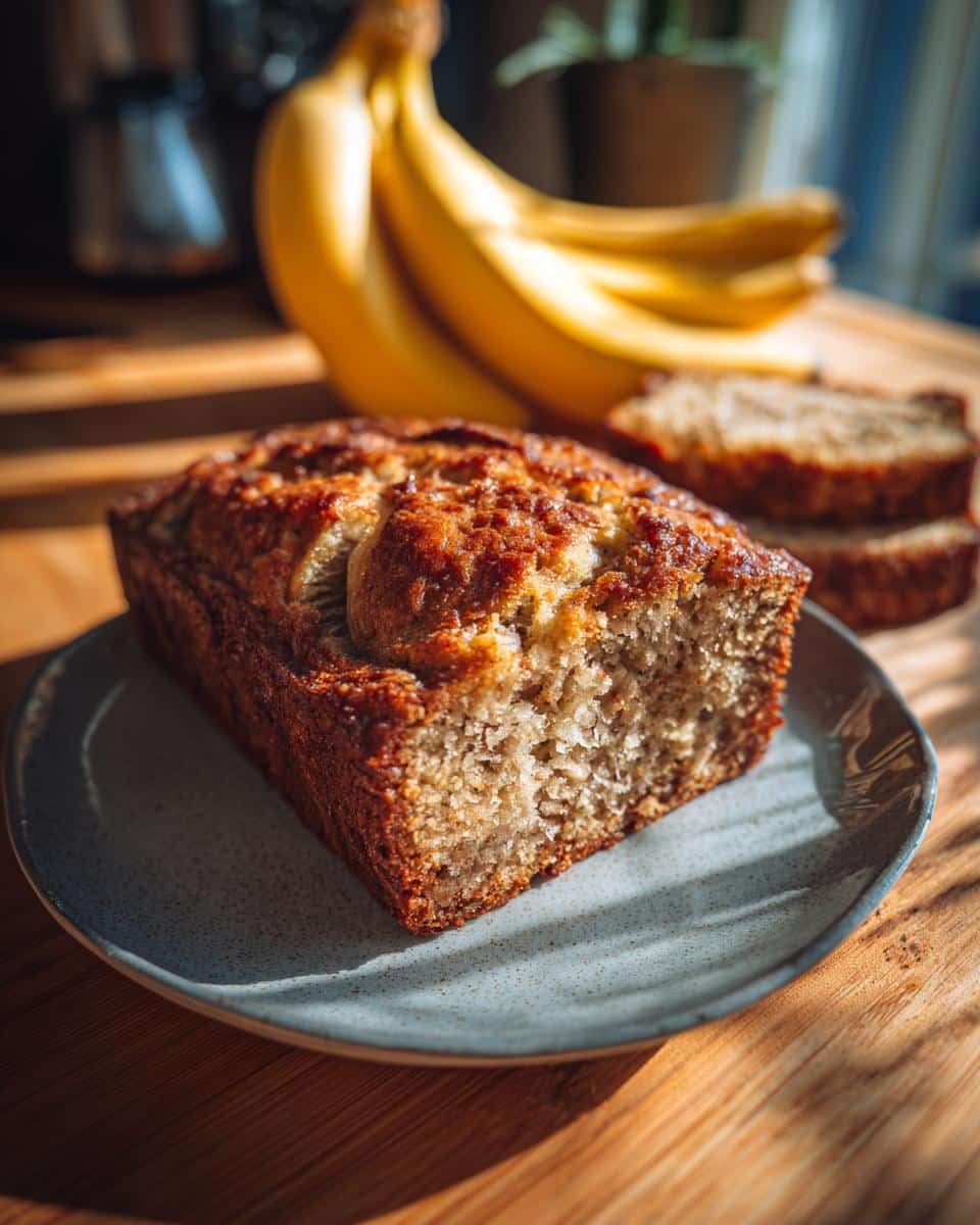 Unbelievably Moist Banana Bread with Just 3 Bananas 8 A loaf of moist banana bread on a plate, with bananas in the background. Delicious homemade banana bread.