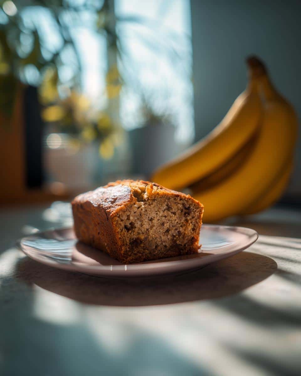 Unbelievably Moist Banana Bread with Just 3 Bananas 6 A loaf of moist banana bread sits on a pink plate, with bananas in the background.