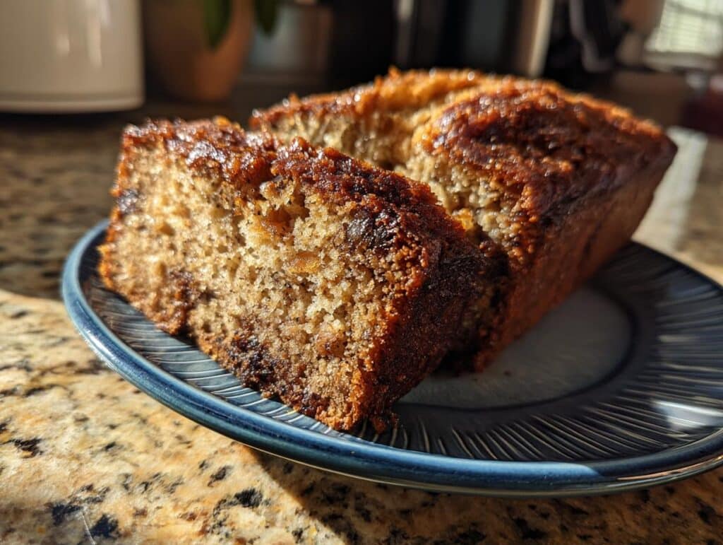 A slice of moist banana bread on a blue plate, showcasing its texture and deliciousness.