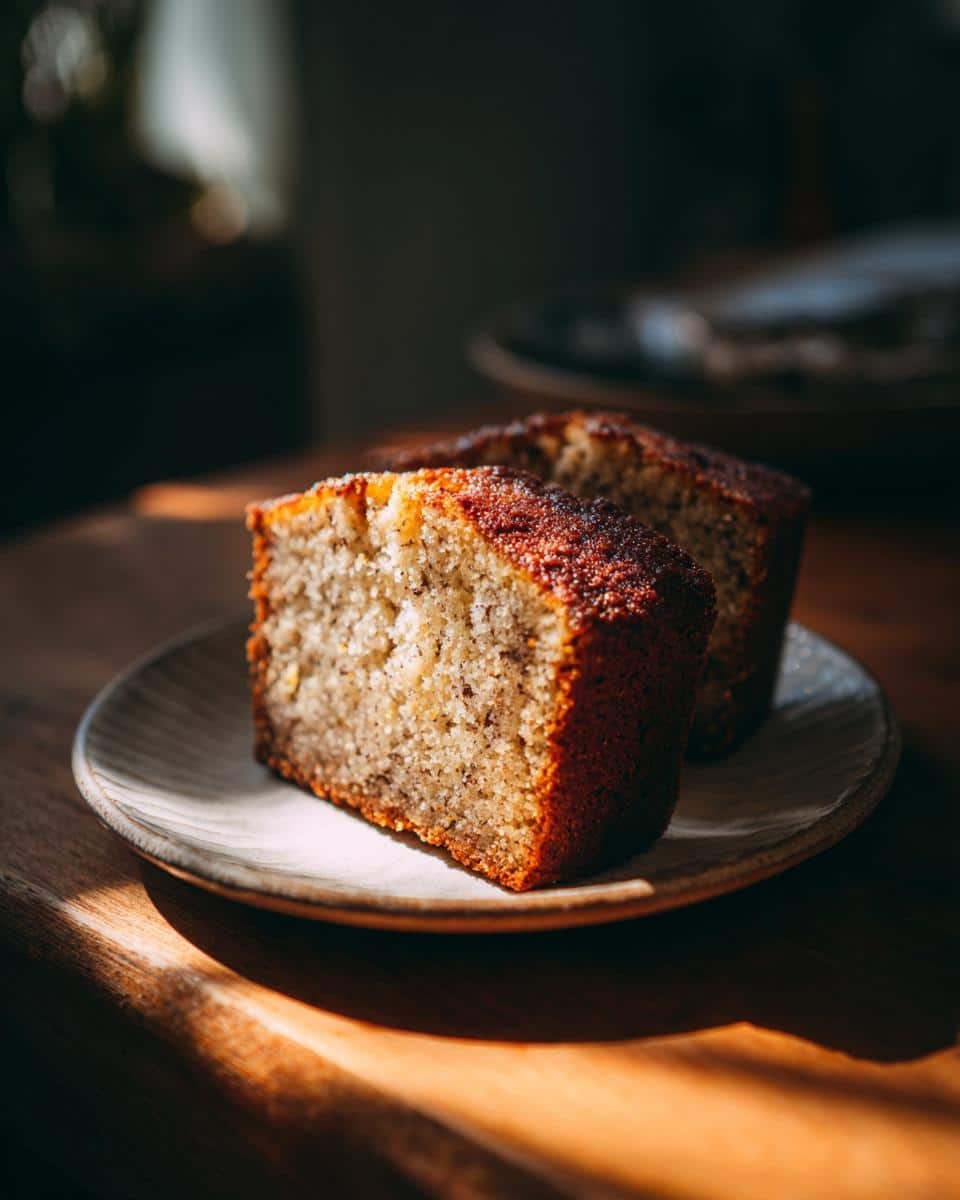 Unbelievably Moist Banana Bread with Just 3 Bananas 9 Two slices of moist banana bread on a plate, showcasing the texture and golden crust.