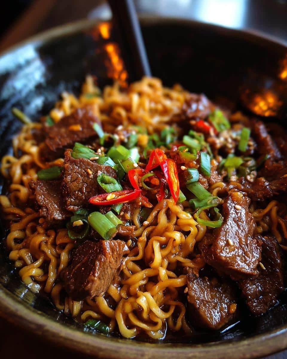Mongolian Beef Noodles: 30-Minute Sinfully Good Dish 6 Close-up of a bowl of Mongolian Beef Noodles, garnished with green onions and red chili peppers.