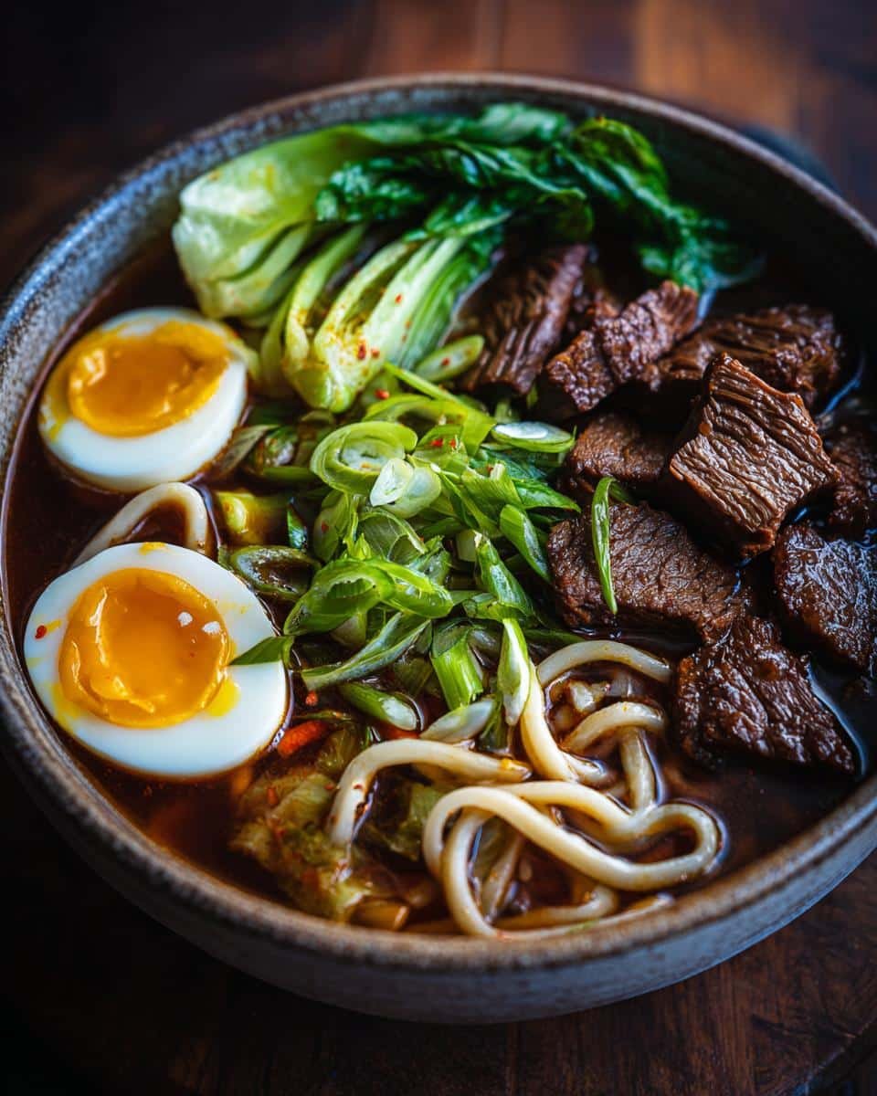 Mongolian Beef Noodles: 30-Minute Sinfully Good Dish 8 A bowl of Mongolian Beef Noodles with soft boiled egg, bok choy, scallions, and tender beef.