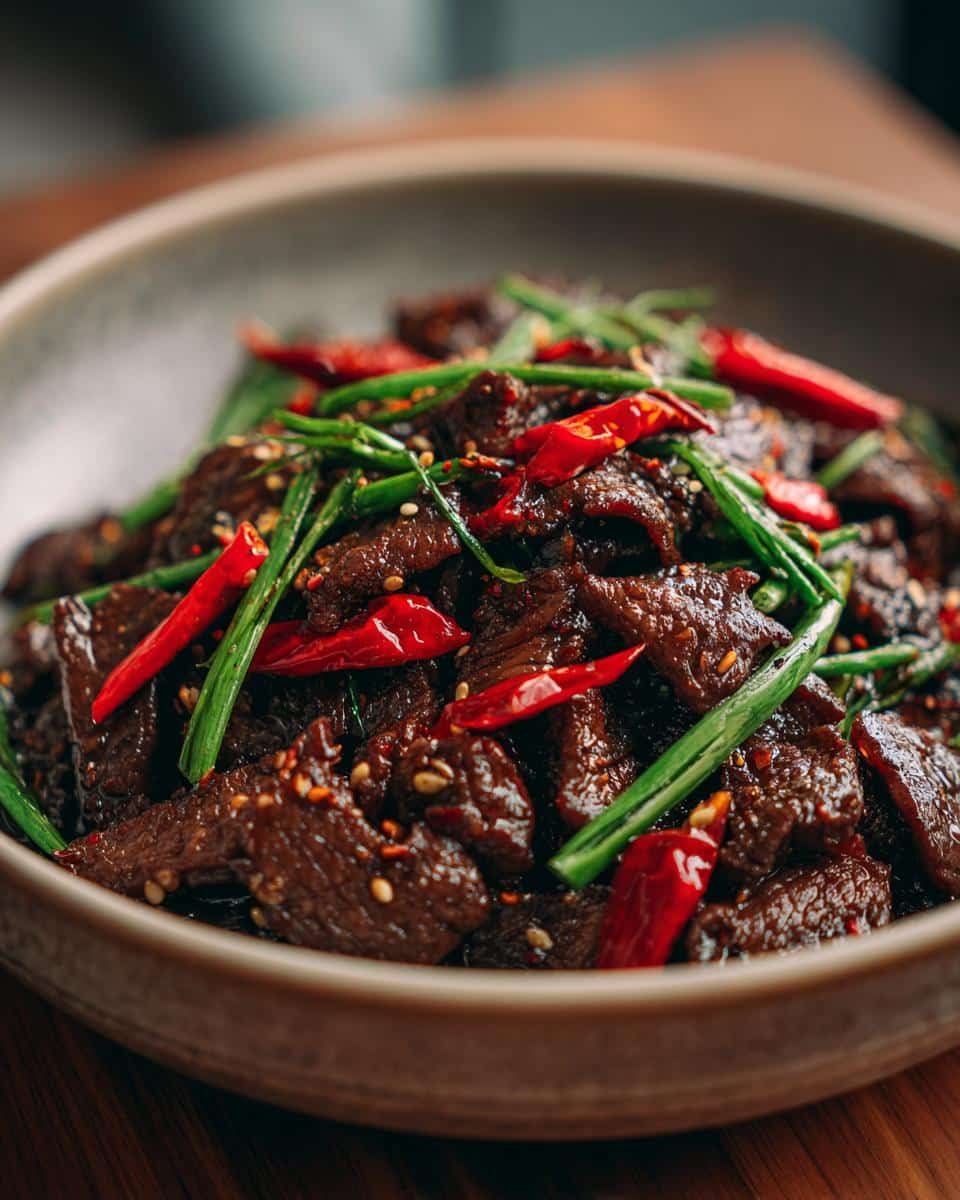 Mongolian Beef Noodles: 30-Minute Sinfully Good Dish 7 A bowl of glistening Mongolian Beef Noodles garnished with fresh scallions and vibrant red chili peppers.
