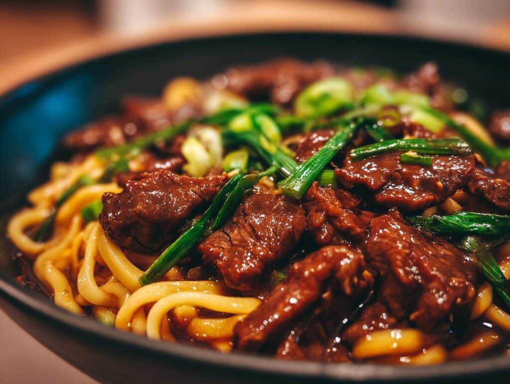 Close-up of Mongolian Beef Noodles featuring tender beef, thick noodles, and vibrant green onions.