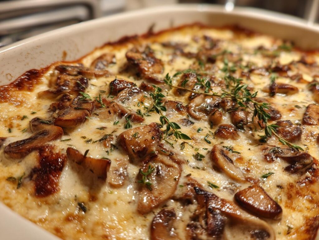Close-up of baked Mushroom Cream Sauce, garnished with thyme, in a white baking dish.