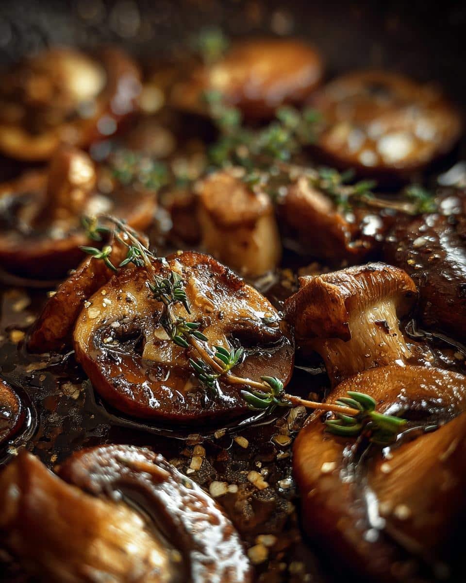 Disgustingly Easy 20-Minute Mushroom Cream Sauce 6 Close-up of sauteed mushrooms with thyme, ready for a rich Mushroom Cream Sauce.