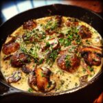 Close-up of Mushroom Cream Sauce in a cast iron pan, garnished with fresh herbs.