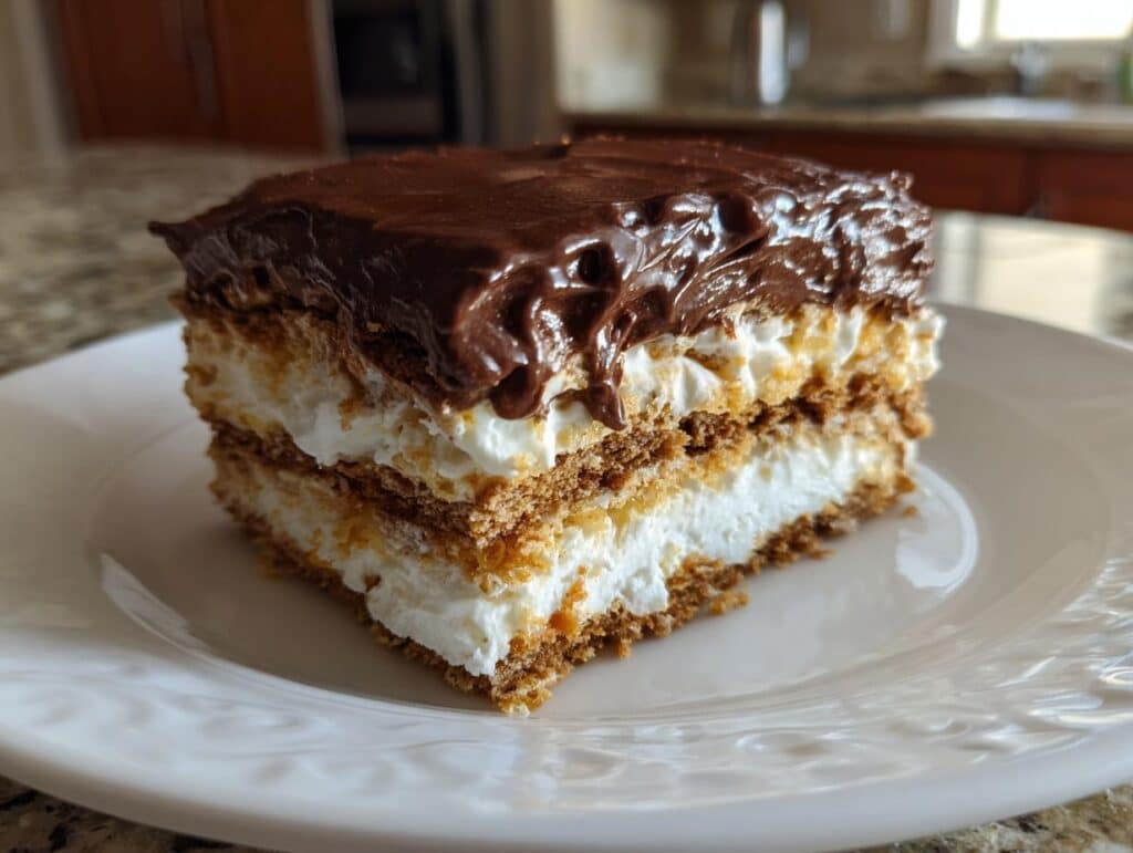 A slice of No-Bake Eclair Cake with layers of graham crackers, creamy filling, and chocolate frosting.