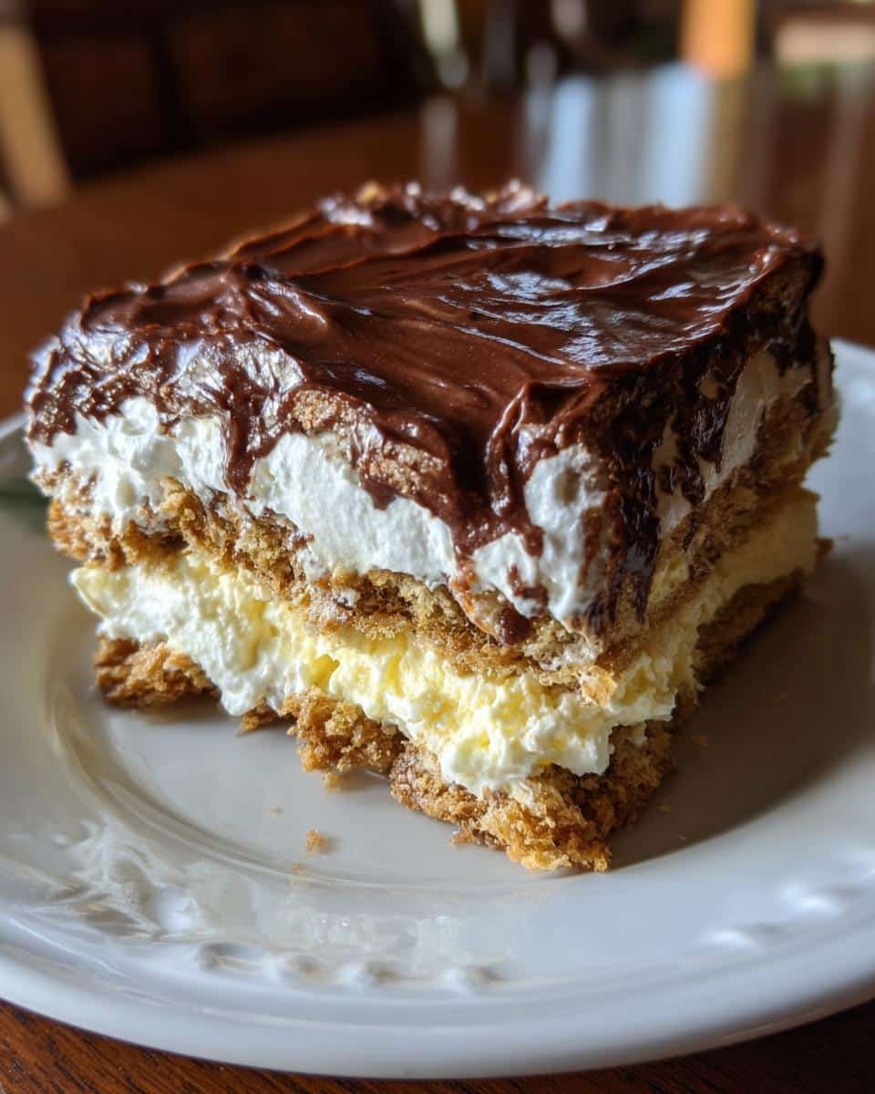 Easy No-Bake Eclair Cake Recipe: Only 1 Dish to Wash 6 A slice of No-Bake Eclair Cake on a white plate, showcasing layers of graham crackers, cream, and chocolate frosting.