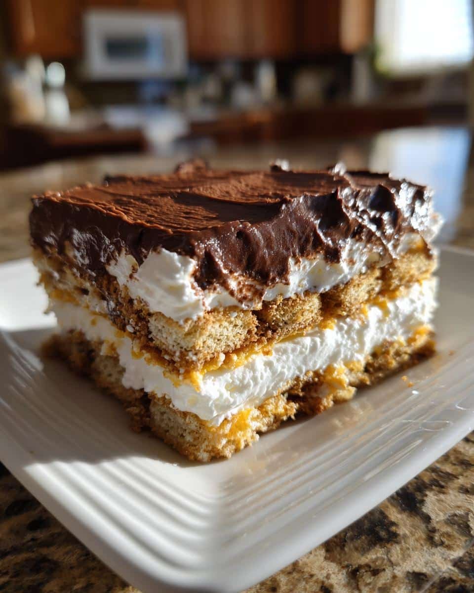 Easy No-Bake Eclair Cake Recipe: Only 1 Dish to Wash 7 A slice of No-Bake Eclair Cake featuring layers of graham crackers, whipped cream, and chocolate frosting.
