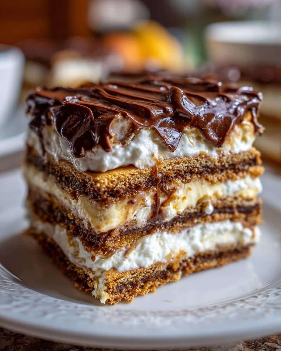 Easy No-Bake Eclair Cake Recipe: Only 1 Dish to Wash 8 A delicious slice of No-Bake Eclair Cake with layers of graham crackers, cream, and chocolate frosting.