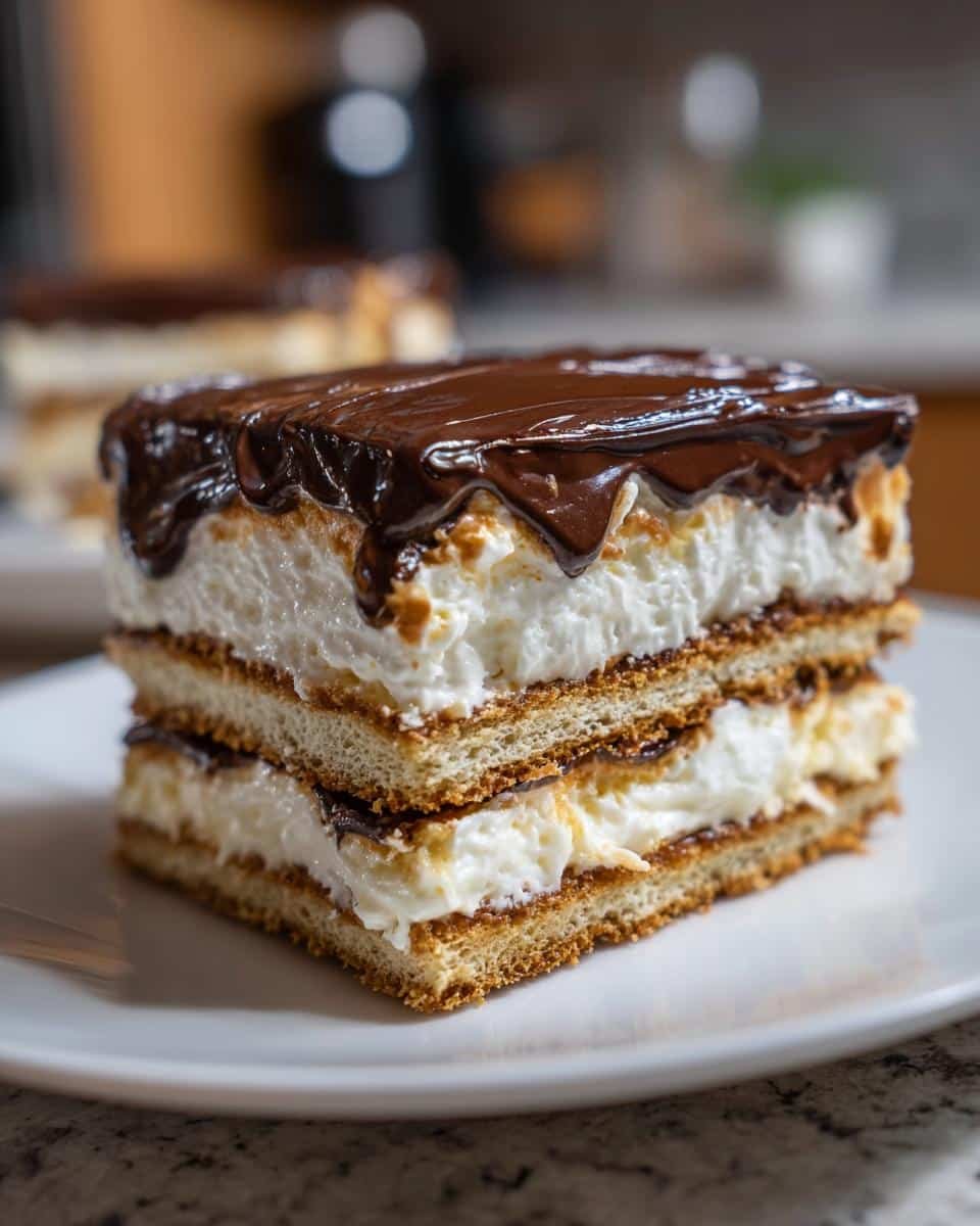 Easy No-Bake Eclair Cake Recipe: Only 1 Dish to Wash 9 A slice of No-Bake Eclair Cake with layers of graham crackers, cream, and chocolate frosting.