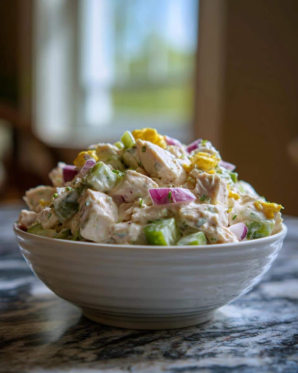 Grandma's OLD FASHIONED CHICKEN SALAD in 15 Minutes 6 A bowl of OLD FASHIONED CHICKEN SALAD with chicken, celery, egg, and red onion.