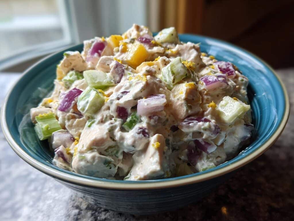 A bowl of creamy OLD FASHIONED CHICKEN SALAD with chicken, celery, red onion, and egg.