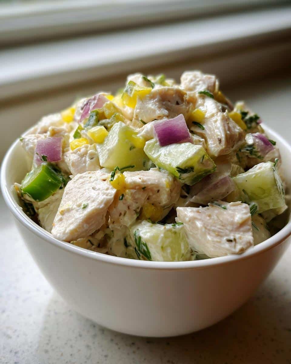 Grandma's OLD FASHIONED CHICKEN SALAD in 15 Minutes 7 Bowl of creamy OLD FASHIONED CHICKEN SALAD with chicken, cucumber, red onion, and herbs.
