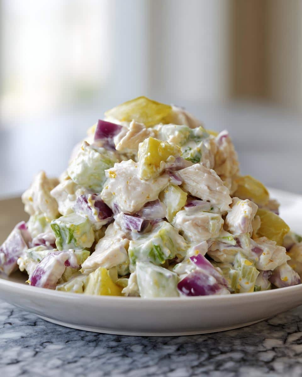 Grandma's OLD FASHIONED CHICKEN SALAD in 15 Minutes 8 A serving of OLD FASHIONED CHICKEN SALAD with chicken, celery, red onion, and pineapple on a white plate.
