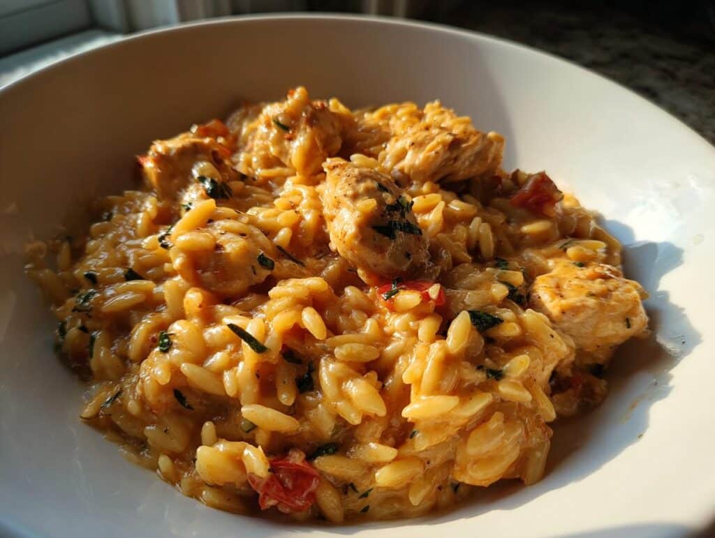 A bowl of creamy One-Pot Chicken Orzo with chicken pieces, orzo pasta, and herbs.