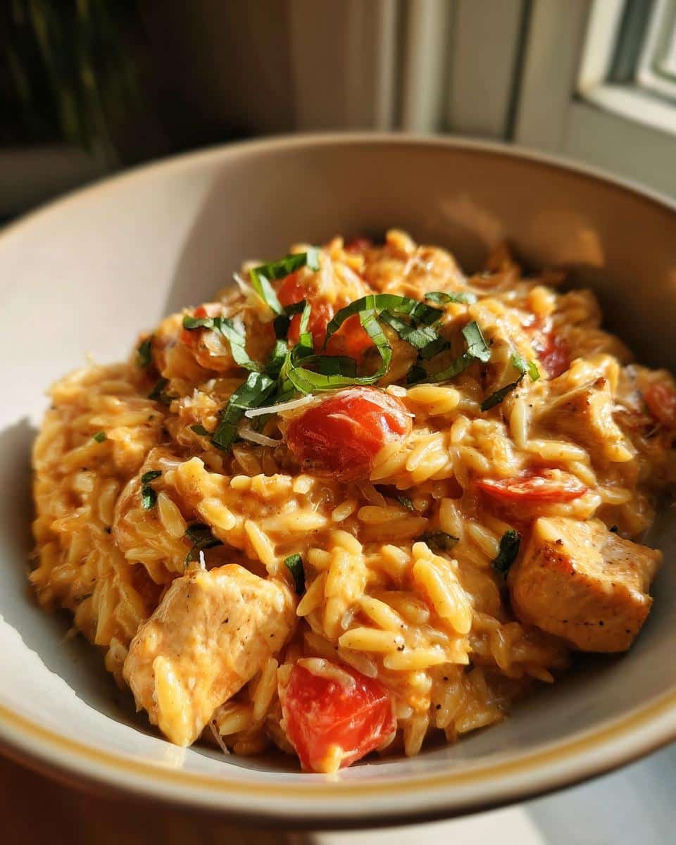 Savory One-Pot Chicken Orzo in Just 35 Minutes 6 Close-up of a bowl of One-Pot Chicken Orzo, featuring orzo pasta, chicken pieces, and tomato halves, garnished with basil.
