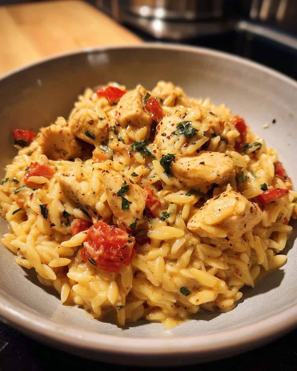 Savory One-Pot Chicken Orzo in Just 35 Minutes 7 Close-up of a bowl of One-Pot Chicken Orzo with tomatoes and herbs.