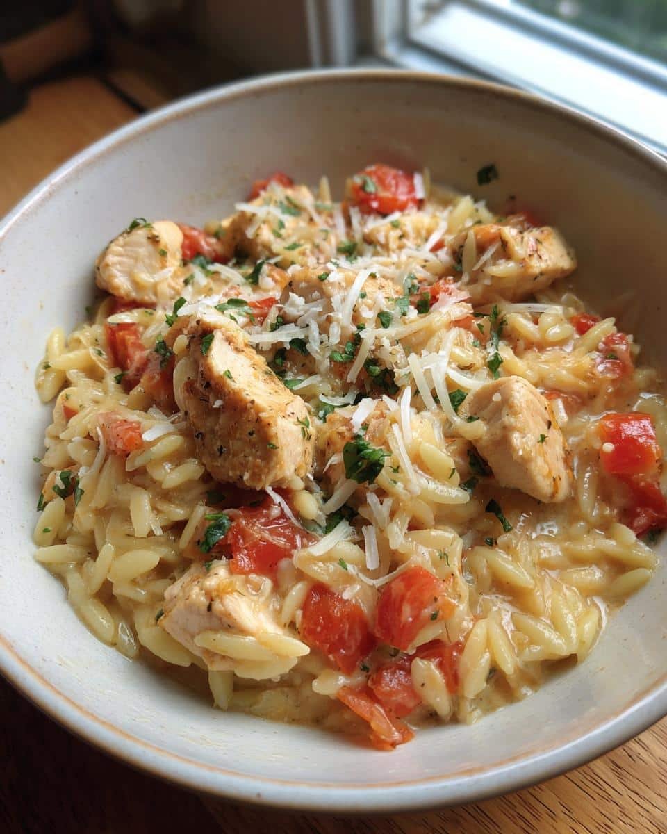 Savory One-Pot Chicken Orzo in Just 35 Minutes 8 A bowl of One-Pot Chicken Orzo with diced tomatoes, topped with parmesan cheese and fresh herbs.