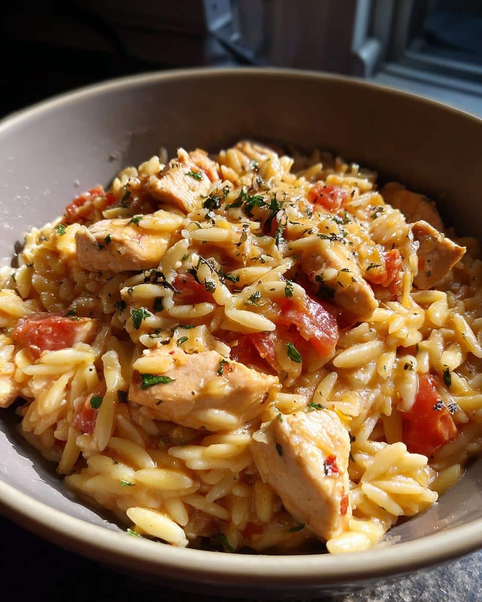 Savory One-Pot Chicken Orzo in Just 35 Minutes 9 Close-up of a bowl of One-Pot Chicken Orzo with tender chicken pieces, orzo pasta, and diced tomatoes, garnished with fresh herbs.