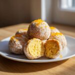 A plate of Orange Creamsicle Truffles, one cut in half to show the creamy filling.