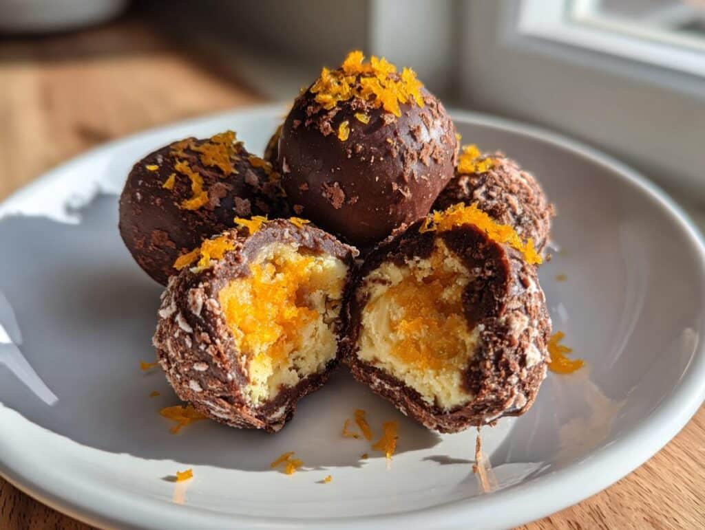 A plate of homemade Orange Creamsicle Truffles, one cut in half to show the creamy orange filling.