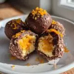 A plate of homemade Orange Creamsicle Truffles, one cut in half to show the creamy orange filling.