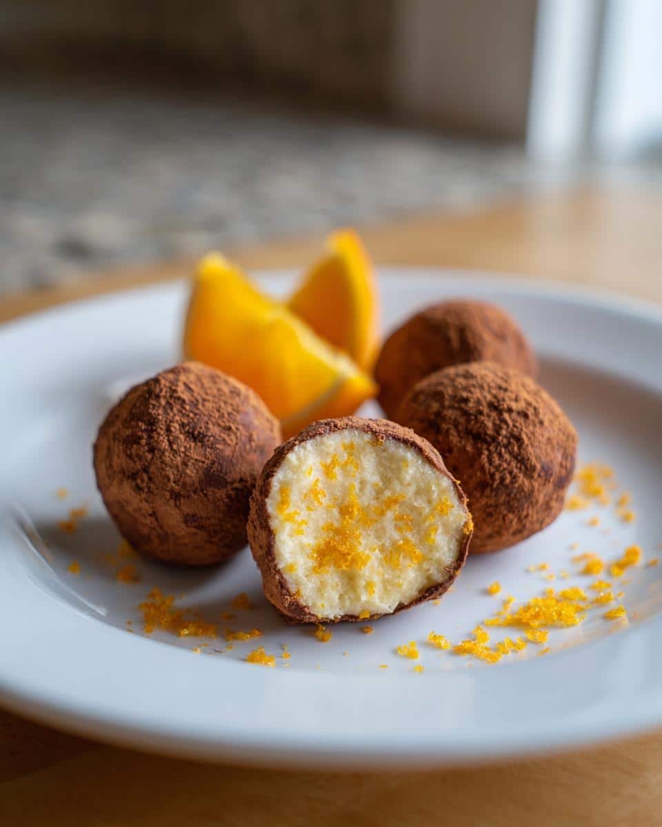 Irresistible Orange Creamsicle Truffles in Just 30 Minutes 8 Close-up of Orange Creamsicle Truffles dusted with cocoa powder, one cut in half to show filling, with orange wedges.