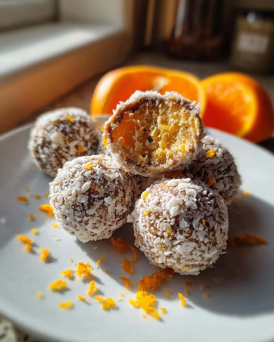 Irresistible Orange Creamsicle Truffles in Just 30 Minutes 9 A stack of Orange Creamsicle Truffles coated in coconut flakes, with a halved truffle showing the orange filling.