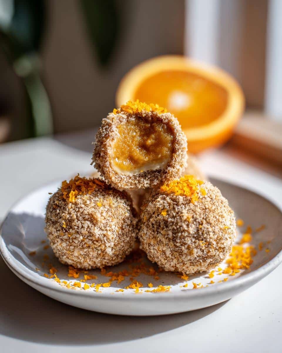 Irresistible Orange Creamsicle Truffles in Just 30 Minutes 6 A stack of Orange Creamsicle Truffles on a plate, one cut open to show the filling, with orange zest topping.