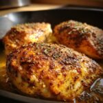 Three seasoned chicken breast recipes cooking in a pan, ready to be served.