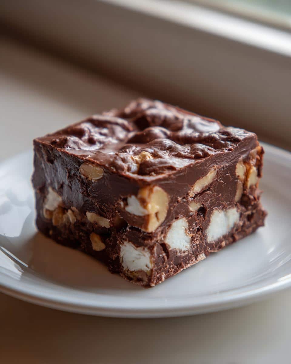 Paula Deen Fudge: Grandma's Unforgettable Recipe 8 A square piece of Paula Deen Fudge on a white plate, showcasing nuts and marshmallows within the chocolate.