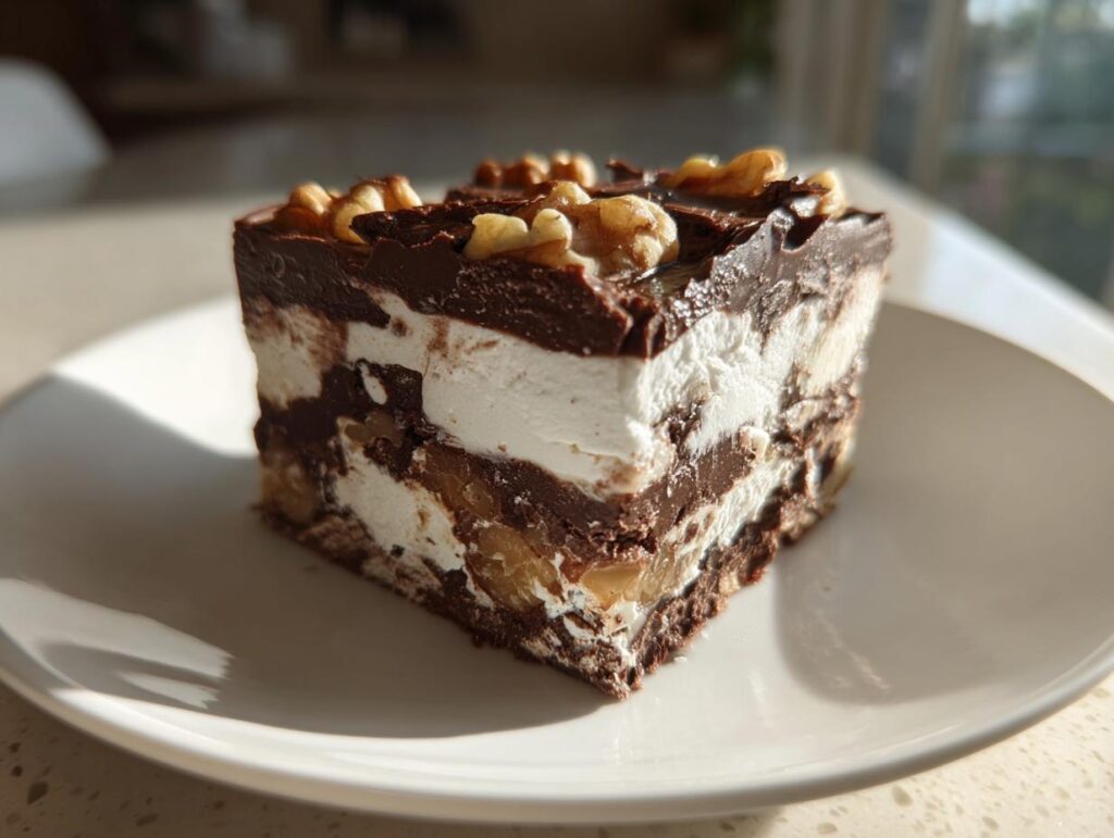 A slice of Paula Deen Fudge with layers of chocolate, marshmallow, and nuts on a white plate.