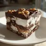 A slice of Paula Deen Fudge with layers of chocolate, marshmallow, and nuts on a white plate.