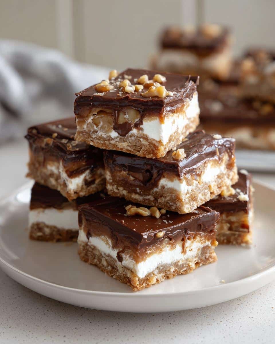 Paula Deen Fudge: Grandma's Unforgettable Recipe 6 A stack of Paula Deen Fudge squares on a white plate, featuring layers of crust, marshmallow, caramel, and chocolate.