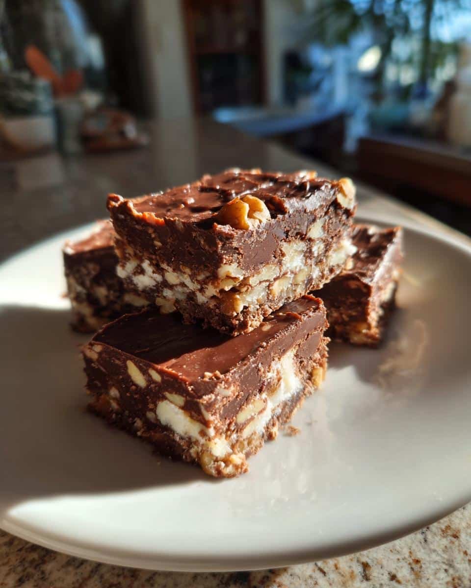 Paula Deen Fudge: Grandma's Unforgettable Recipe 9 A stack of homemade Paula Deen Fudge squares on a white plate, showcasing layers of chocolate, nuts, and marshmallows.