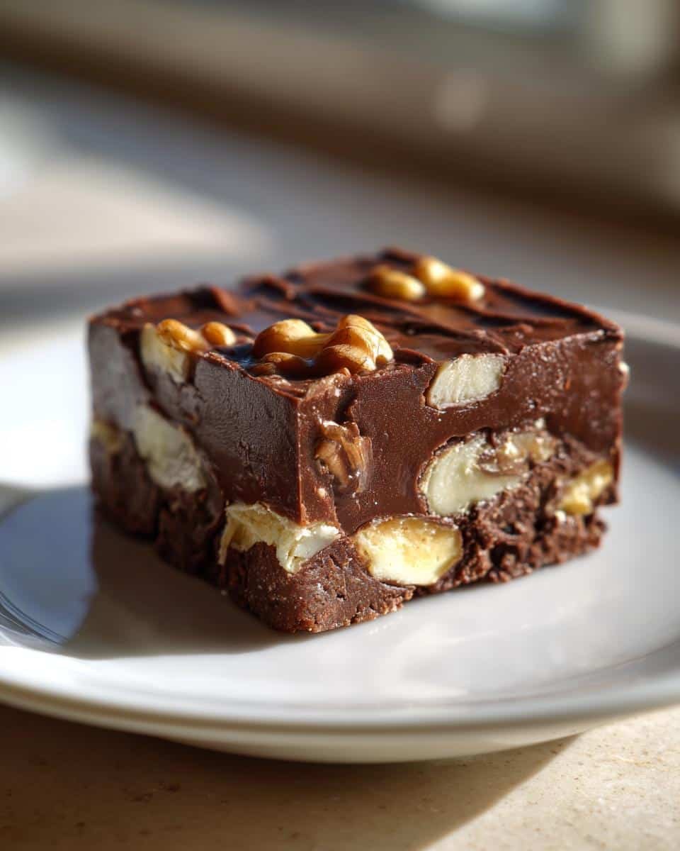Paula Deen Fudge: Grandma's Unforgettable Recipe 7 A square of Paula Deen Fudge topped with walnuts, showcasing its rich chocolate and nutty layers.