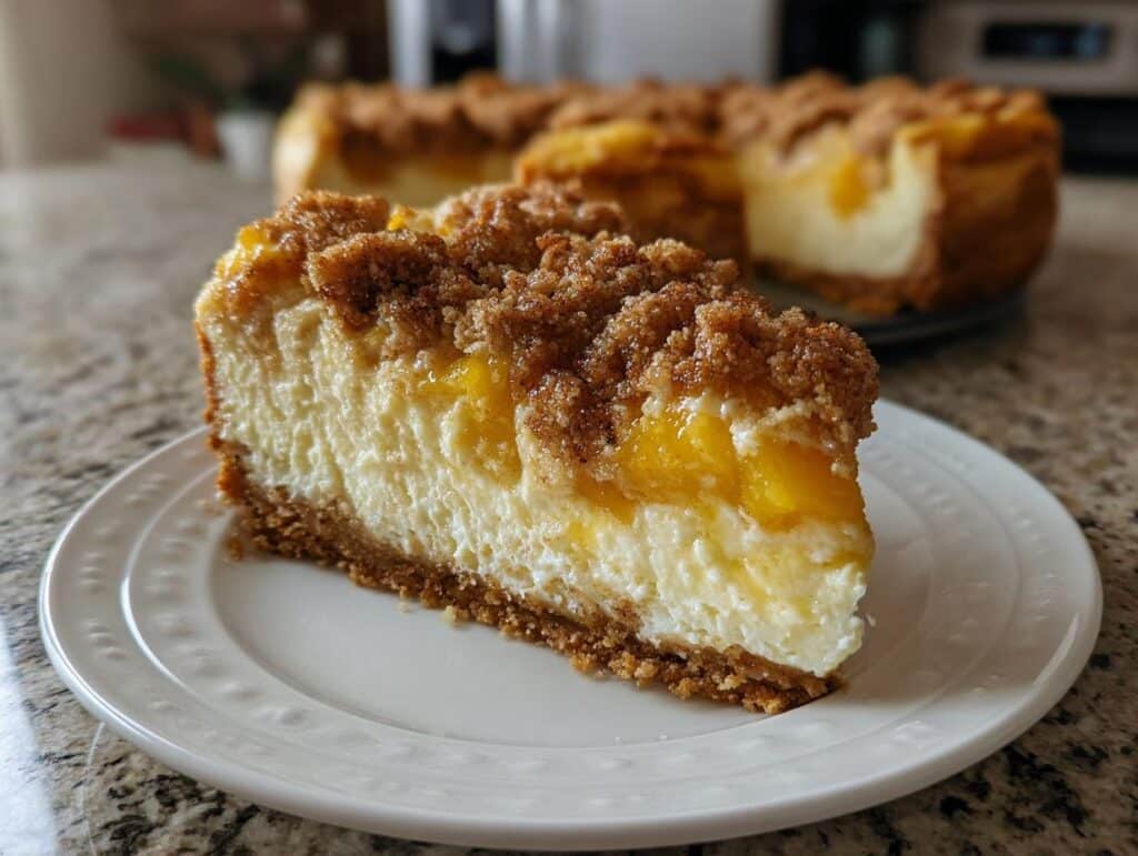 A delicious slice of Peach Cobbler Cheesecake with a graham cracker crust, creamy filling, peaches, and crumb topping.