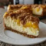 A delicious slice of Peach Cobbler Cheesecake with a graham cracker crust, creamy filling, peaches, and crumb topping.